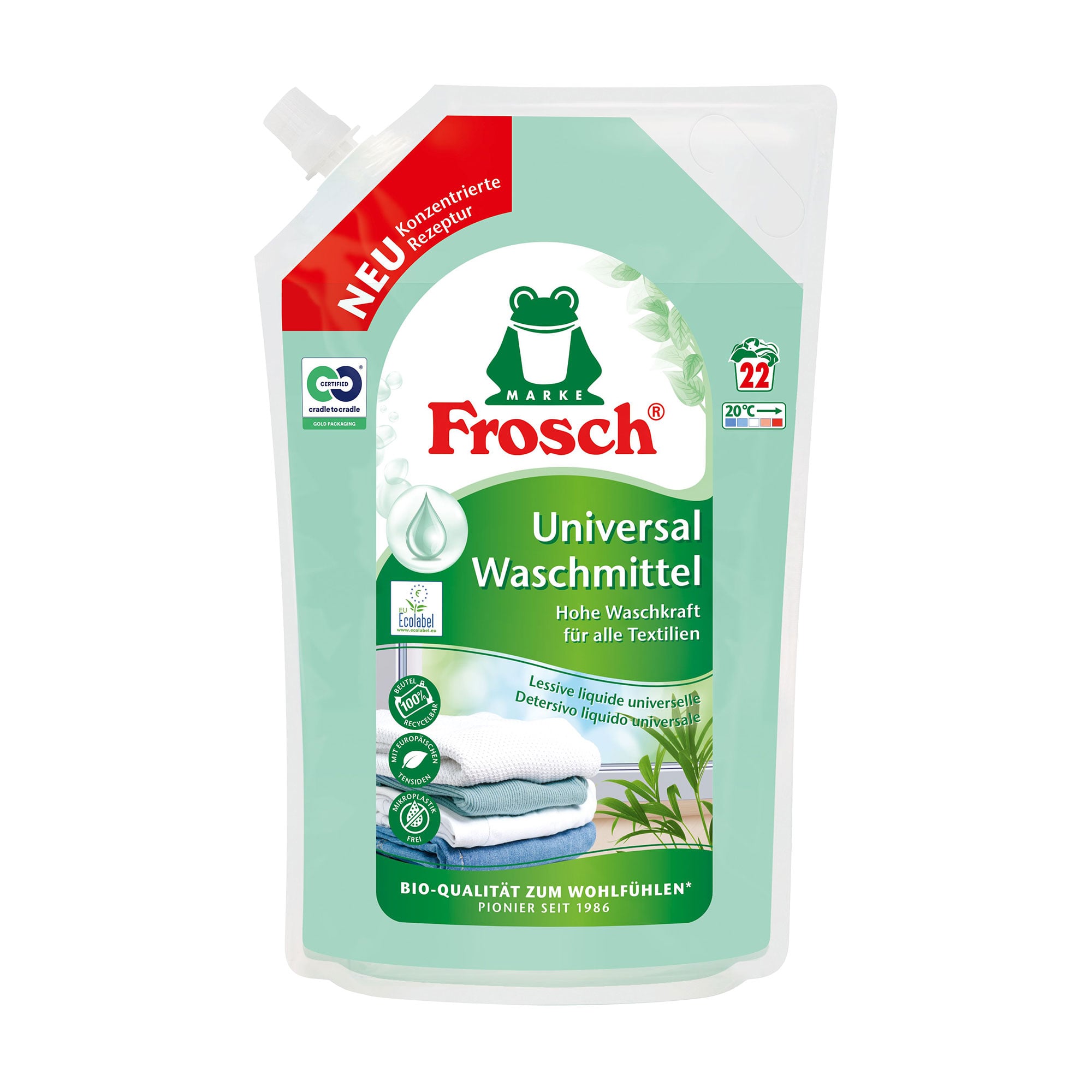 Універсальний рідкий пральний засіб Frosch 22 цикли прання, 1.5 л (дой-пак)